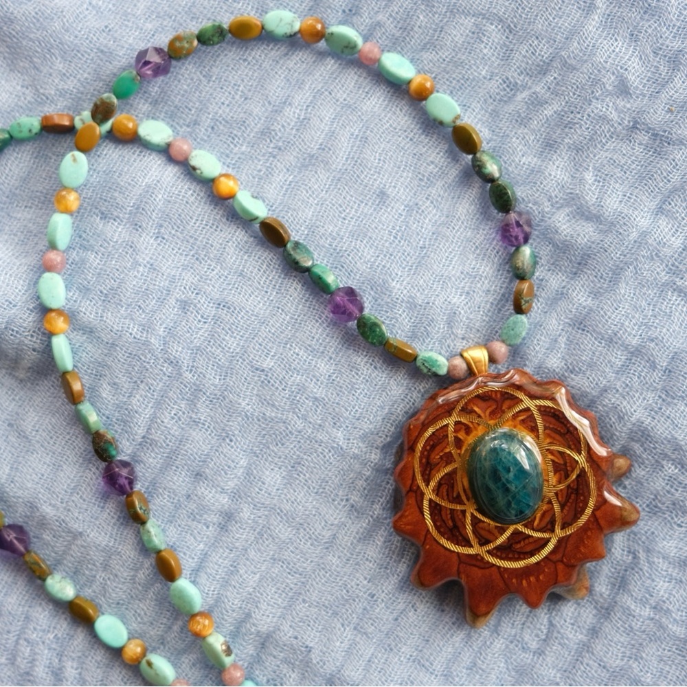 Third Eye Pinecones Blue Apatite with Gold Seed of Life Beaded Necklace